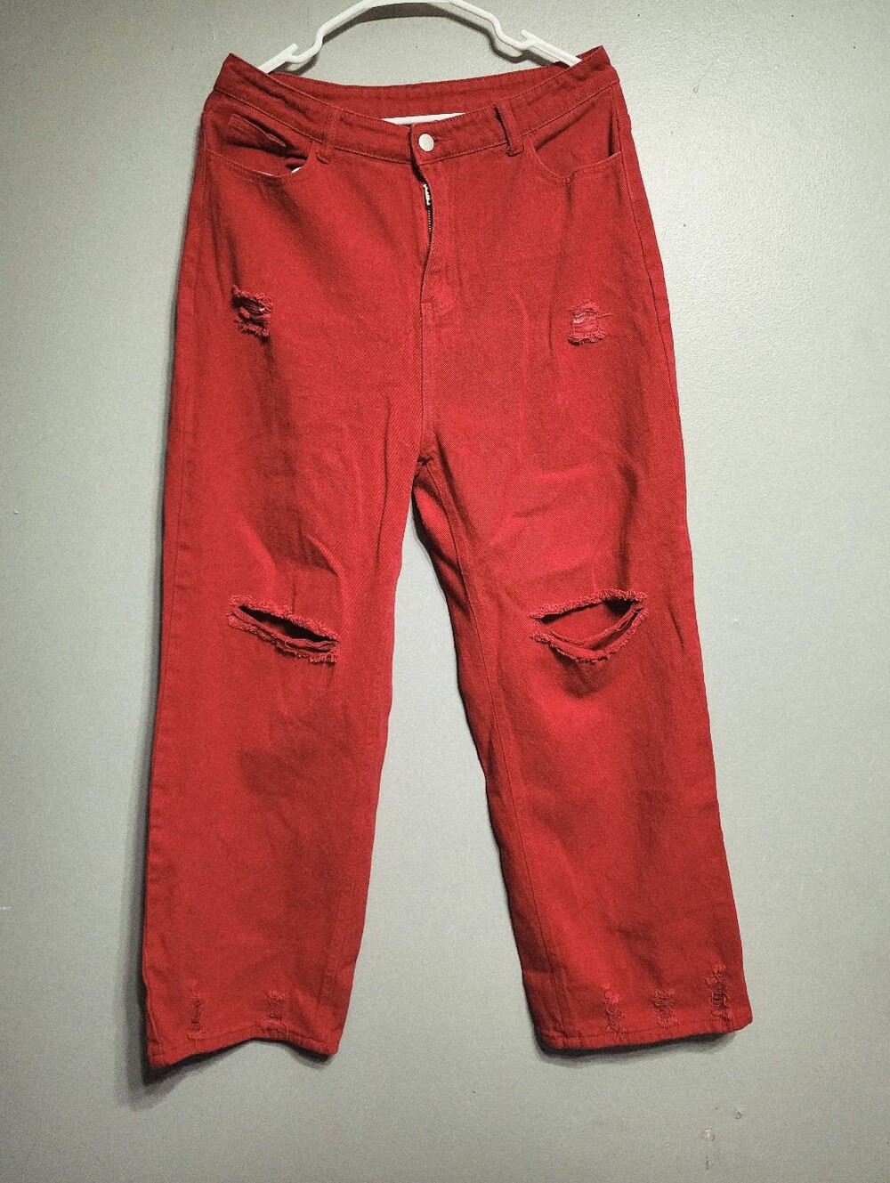 Red Distressed Straight Leg Jeans